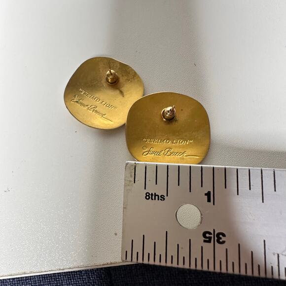 Vintage Laurel Burch Eskimo Lion Earrings 80's Gold Plate Blue Boho Round - Picture 5 of 5